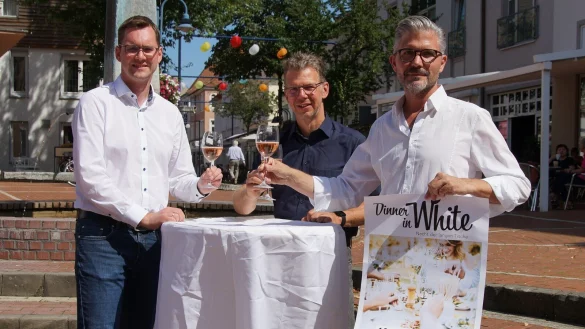 Laden zum Dinner in White: Bürgermeister Matthias Kalkreuter, Stadtwerke-Chef Michael Wippermann und Stadtmarketing-Geschäftsführer Ralf Hammacher (von links). - © Stadt Lage