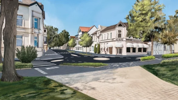 Der Kreisverkehr bei Burre an der Hermannstra&szlig;e in 3D: Im Vordergrund ist der eigene Abbiegeast f&uuml;r Radfahrer auf den Kaiser-Wilhelm-Platz zu erkennen. - &copy; Grafik: Stadt Detmold/Laureen Dawid