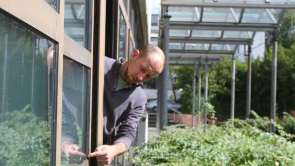 Marc Reinhardt, Hausmeister am Felix-Fechenbach-Berufskolleg, zeigt: Die Fenster sind hin. Viele lassen sich nicht mehr &ouml;ffnen, W&auml;rmed&auml;mmung ist ein Fremdwort. - &copy; Martin Hostert