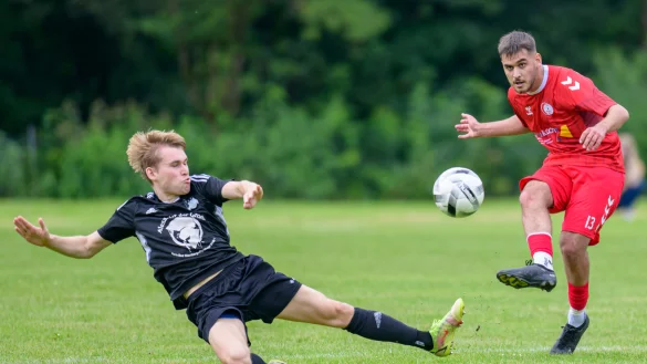 Starke Zweik&auml;mpfe lieferten sich beide Horner Mannschaften im Derby. Hier kommt Hendrik Laabs vom TuS Horn-Bad Meinberg (links) zu sp&auml;t in den Zweikampf. Oguzhan Ramazan Demirtas vom TSV kann den Ball in die Spitze spielen. - &copy; EGON PENNER