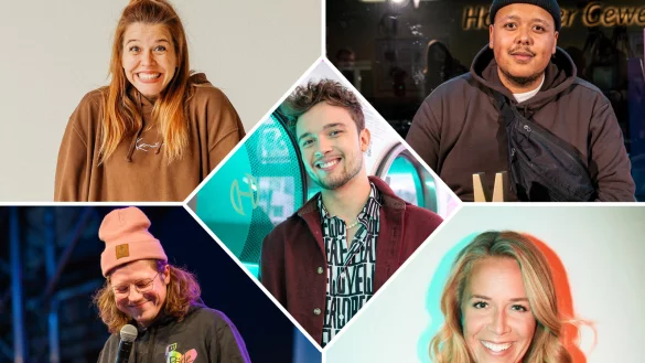 Das Line-Up f&uuml;r Nightwash am Hermanns-Denkmal: Laura Br&uuml;mmer (oben links), Assane Badiane (oben rechts), Ben Schafmeister (Mitte), Thomas Schmidt (unten links) und Sandra Spr&uuml;nken (unten rechts). - &copy; Carolin Pommert, Guido Schr&ouml;der, Andr&eacute; Symann, Marvin Ruppert