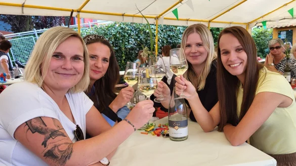 Luisa Wiechers, Julia Thorenmeier, Mona H&ouml;wing und Kerstin Milchberger (von links) stie&szlig;en auf dem Weinfest in Lothe an. Ihnen gefiel die Veranstaltung sehr gut. - &copy; Freya K&ouml;hring
