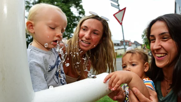 Leo, Julia Fuchs, Aljona und Katharina Eirich (von links) erfrischen sich am Wasserspender am Lemgoer Wall, neben der Leopold-Apotheke. - &copy; Nicole Ellerbrake