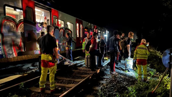 Rund 30 Fahrg&auml;ste mussten aus dem auf der H&ouml;xterbr&uuml;cke stehenden Zug evakuiert werden. - &copy; Freitag-TV