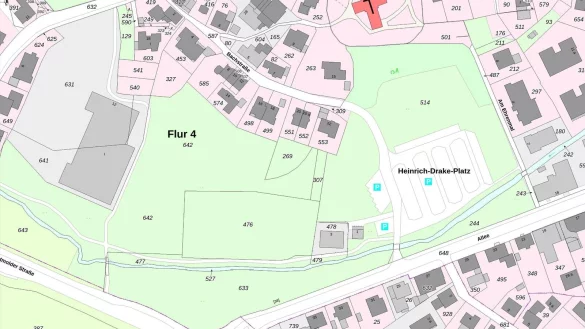 Die Karte zeigt die Gr&uuml;nfl&auml;che links vom Heinrich-Drake-Platz im &Uuml;berblick. Der schmale Weg unten ist die Werre-Promenade, der gro&szlig;e Bauk&ouml;rper links der Edeka. - &copy; TIM-Online/Bezirksregierung K&ouml;ln Geobasis NRW