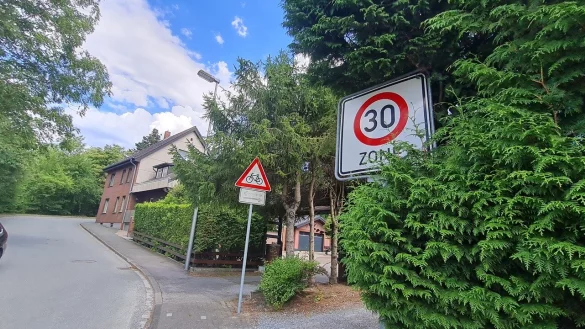 Das Tempo-30-Schild ist für Autofahrer hier kaum zu sehen, weil es fast zugewachsen ist. Auch das Verbotsschild für Lastwagen mit mehr als 7,5 Tonnen ist am Fuß der Feldbrandstraße kaum erkennbar. - © Marianne Schwarzer