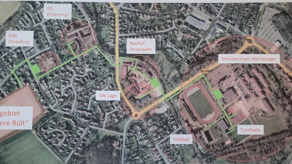 Energieservice Westfalen Weser hat f&uuml;r die Pr&auml;sentation im Hauptausschuss eine &Uuml;bersicht vorgestellt. Wenn sich Lage f&uuml;r die gro&szlig;e Fernw&auml;rme-L&ouml;sung entscheidet, sind die rot umrissenen Einrichtungen und Gebiete Kunden. Es gibt einen Anschlusszwang, damit sich die Investition rechnet. - &copy; Grafik/Foto: Energieservice Westfalen Weser