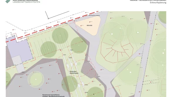 So sollte der Mehrgenerationenpark am Ende eigentlich aussehen: Links der alte Pausenhof, dessen Asphaltfl&auml;che bleibt, aber mit aufgemalten Spielen gestaltet werden kann. Nach rechts folgt der begr&uuml;nte Park mit der Stufenanlage in der Mitte und der B&uuml;hne davor. Oben im "Aktivit&auml;ten"-Feld sollen Bewegungsm&ouml;glichkeiten angeboten werden. - &copy; Grafik: Landschaftsarchitekten Kortemeier Brokmann