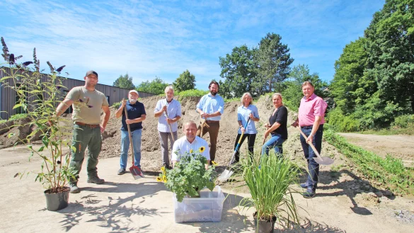 Baustart f&uuml;r den Klimapark am Hohenhauser Schulzentrum: Den Spaten schwingen (von links) Carsten Reineke (Juniorchef des gleichnamigen Kalletaler Gartenbaubetriebs), Kalletals SPD-Fraktionsvorsitzender Manfred Rehse, J&uuml;rgen Georgi (Gr&uuml;ne, Vorsitzender des Klimaschutz-Ausschusses), Sven Rainer Hoffmann (CDU, Vorsitzender des Bildungsausschusses), Bauamts-Mitarbeiterin Ute Seidemann, Bauamtsleiterin Ewa Hermann, Bundestagsabgeordneter J&uuml;rgen Berghahn (SPD) und B&uuml;rgermeister Mario Hecker (vorn). - &copy; Jens Rademacher