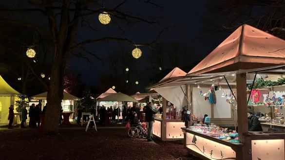 Das Licht der Weihnachtsmarkt-H&uuml;tten und vor allem auch die Leuchtkugeln in den Baumkronen werden von vielen Besuchern als stimmungsvoll empfunden. - &copy; Jana Beckmann