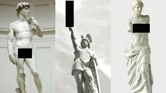 G&uuml;nter Schulz nennt seine Arbeit "Zensurbalkenschwemme" - als Reaktion auf ein Verbot des David von Michelangelo wegen Pornographie in einer Schule in Florida zensiert Schulz gleich zwei weitere Klassiker: die Venus und den Hermann. - &copy; Landesverband