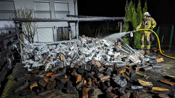 In Hagen hat in der Nacht zu Sonntag Brennholz Feuer gefangen. Die Feuerwehr nutzte Schaum zum L&ouml;schen. - &copy; Feuerwehr Lage