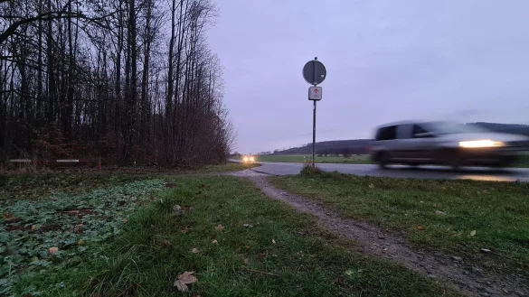 Vor dem Waldst&uuml;ck endet der Pattweg an der Landesstra&szlig;e 947. Ab hier soll es k&uuml;nftig nach links ab und dann durch den Wald f&uuml;r Fu&szlig;g&auml;nger und Radfahrer weitergehen, die in Richtung Hagen unterwegs sind. - &copy; Nadine Uphoff