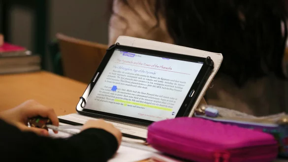 Ein Sch&uuml;ler arbeitet mit einem iPad im Unterricht. F&uuml;r die Schulen wird seit Langem eine digitale Offensive gefordert. - &copy; Ina Fassbender