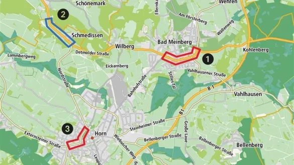 Laut L&auml;rmaktionsplanung sind die Anwohner dieser drei Stra&szlig;enbereiche besonders stark von L&auml;rm betroffen. - &copy; OpenStreetMap-Mitwirkende