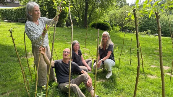 Neue Attraktionen im Freien stellen die Naturfreunde in Veldrom am 26. Mai vor: Meike Strathoff (von links), J&ouml;rn Strathoff, Sabine M&uuml;ller und Stephanie Fl&uuml;ter in einem der neu angepflanzten Weidentipis - &copy; Naturfreunde Detmold