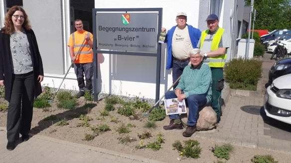 Quartiersmanagerin Anna-Lena Bargfrede (von links), David Diekmann (Bauhof), Ewald Thies (NABU), Lothar Rottsch&auml;fer (Bauhof) sowie Ulrich K&auml;thner (sitzend, NABU) stellen das neue pflegeleichte Beet am Begegnungszentrum vor. Foto: Till Neuhaus - &copy; Till Neuhaus
