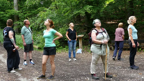 Die Gruppe um Corinna Will (Mitte) nimmt den Wald mit allen Sinnen auf. - &copy; Rudi Rudolph