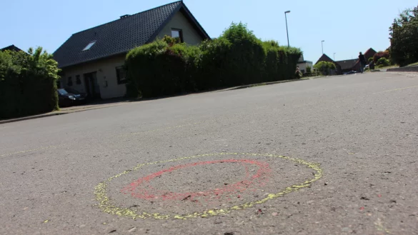 Eine von mehr als 30 Markierungen am Einsatzort in der Salzufler Sackgasse Pla&szlig;heide deutet auf die Stellen hin, an denen am Wochenende Patronenh&uuml;lsen sichergestellt wurden. - &copy; Janet K&ouml;nig