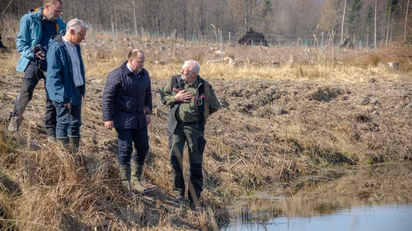 Matthias F&uuml;ller (von links, Biologische Station Lippe), Jens Omilian (Untere Naturschutzbeh&ouml;rde), B&uuml;rgermeister Christoph Dolle und F&ouml;rster Stephan Radeck begutachten den renaturierten Teich im Stadtwald. - &copy; Raphael Bartling