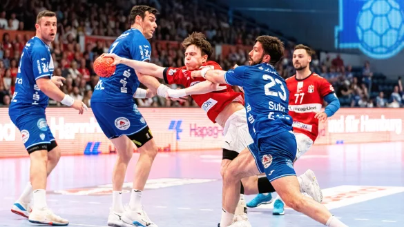 Lemgos Tim Suton packt in der Deckung gegen Leif Tissier vom HSV zu. - &copy; Eibner-Pressefoto/Marcel von Fehrn