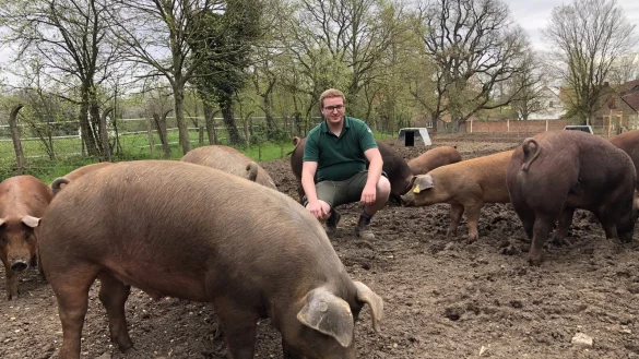 Philip Hameier auf der Fl&auml;che, auf der die Duroc-Schweine gehalten werden. Bis zu 24 Tiere leben auf dem Areal inklusive H&uuml;tten und Stall. - &copy; Sven Kienscherf