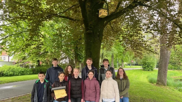 Eifrige Nistk&auml;stenbauer: (hinten, von links:) Leo Pachnicke, Wiebke Johanna Bartsch, Robin Noah Just, Ole Pachnicke, (vorne, von links:) Dominik Neifer, Elisa Klipsch, Marie Klipsch, Janka Donat, Victoria Panchenko und Lehrerin Katharina Vogedes. - &copy; Nils Osterhage