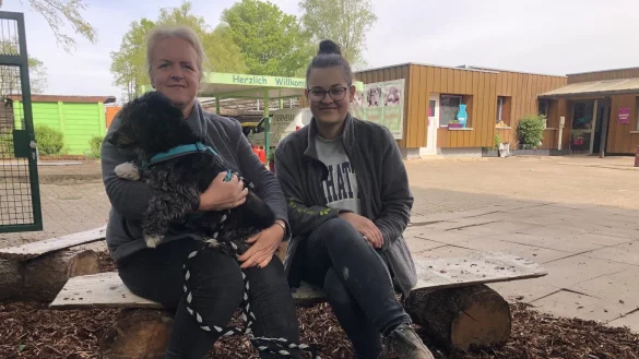 Melanie Vogt und Bufdi Sara Roguljic auf einer Bank im Tierheim. - &copy; Sven Kienscherf