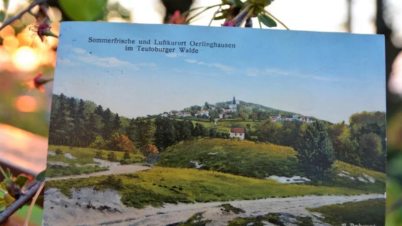 Auf dieser alten Postkarte aus der Sammlung von Werner H&ouml;ltke mit dem Blick vom W&ouml;stenfeld im Jahr 1925 wird neben der Sommerfrische bereits mit dem Begriff &bdquo;Luftkurort Oerlinghausen&ldquo; geworben. Foto: Karin Prignitz - &copy; Karin Prignitz