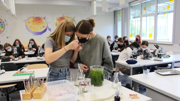 Johanna Wulfk&uuml;hler und Giarda Klostermeier (rechts) untersuchen, wie schnell R&auml;der- und Pantoffeltierchen wachsen. Die Fotos, die sie mit dem Mikroskop machen, k&ouml;nnen sie auf der wei&szlig;en Wand hinter der Tafel der ganzen Klasse zeigen. - &copy; Astrid Sewing