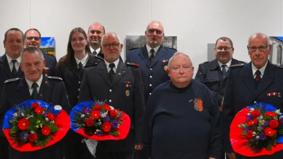 Geehrt werden (vorne, von links) J&ouml;rg Kiffer, J&uuml;rgen Lalk, Helmut Brinkmeier und Horst Heuer. Mit dabei sind (hinten, von links) Kreisbrandmeister Wolfgang Kornegger, Stefan Begemann, Florian Brand, Lisa Rothhardt, Tobias Rose, G&uuml;nter Ostrop (Vize-Chef der Feuerwehr), Marcel Kunze, B&uuml;rgermeister Friso Veldink und Feuerwehrleiter Stephan Kempa.&nbsp; - &copy; Hajo G&auml;rtner