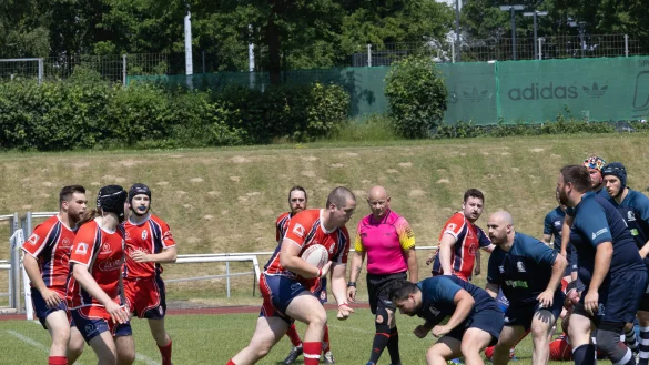 Eine Rugby-Spielszene mit den Paderborn Lions (blaue Trikots) gegen Essen. Foto: Jordan Adams - &copy; Jordan Adams