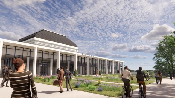 Der Entwurf f&uuml;r das neue Kurhaus sieht gro&szlig;e Fensterfl&auml;chen (hier mit dem neuen Haupteingang aus Richtung Roter Platz) vor. Im Hintergrund ist das signifikante Dach des Galasaals zu erkennen, der als einziger Geb&auml;udeteil stehen bleiben soll. - &copy; Eggersmann-Gruppe