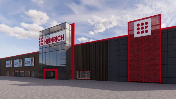 Neue Optik: Eine erste Planungsansicht der k&uuml;nftigen Au&szlig;enfassade der neuen M&ouml;bel-Heinrich-Filiale. - &copy; Hermann Dechering GmbH & Co. KG
