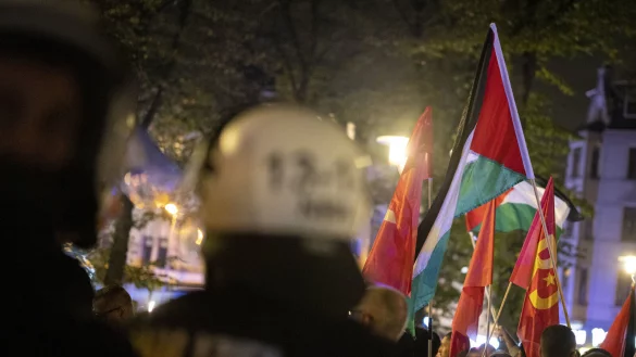 9. Oktober, Duisburg: Sicherheitskr&auml;fte sind w&auml;hrend einer pro-pal&auml;stinensischen Kundgebung im Einsatz. - &copy; Christoph Reichwein