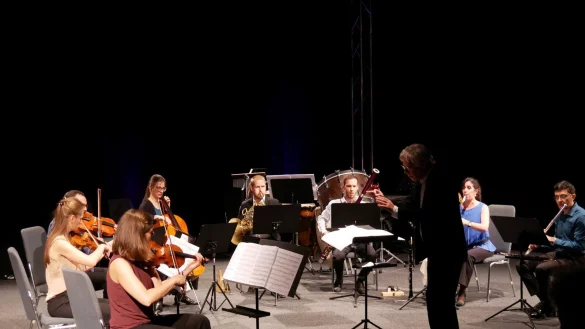 Das Ensemble Horizonte unter Leitung von J&ouml;rg-Peter Mittmann bei einem Konzert im Hangar 21. - &copy; Archivfoto: Thomas Kr&uuml;gler