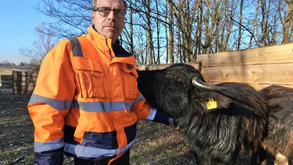 Dirk Grote hat ein sehr vertrautes Verh&auml;ltnis zu den Tieren - Mariela liebt es, ihren Kopf auf dem Arm abzulegen und sich kraulen zu lassen. - &copy; Astrid Sewing