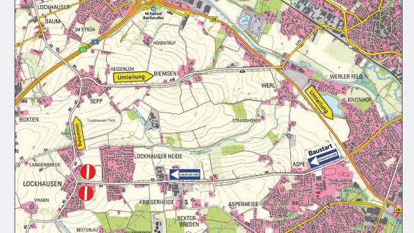 So l&auml;uft ab Montag der Verkehr auf der Lockhauser und Sch&ouml;tmarschen Stra&szlig;e: n&auml;mlich nur stadtausw&auml;rts. Die Umleitung richtet der Kreis Lippe &uuml;ber die Ahmser und Biemser Stra&szlig;e und &uuml;ber die B239 ein. Die Baustelle "wandert" in den n&auml;chsten Wochen vom Beginn in H&ouml;he der neuen Feuerwache bis zur Grundschule Lockhausen. - &copy; Kreis Lippe