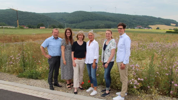 Hier im Gewerbegebiet Echternhagen soll der Elektrolyseur errichtet werden. Beim Projekt dabei sind (von links) Kalletals B&uuml;rgermeister Mario Hecker, Elisa Goldmann von der Fachhochschule des Mittelstands, Dr. Beatrix Wallberg, Dezernentin beim Kreis Herford, Ute Seidemann, Leiterin Sektorkopplung bei der Gemeinde Kalletal, Dorothea Streich f&uuml;r den Bereich Klimaschutz beim Kreis Herford zust&auml;ndig und Projektmanager Julius Rahlmeyer von der Gemeinde Kalletal. - &copy; Nadine Uphoff