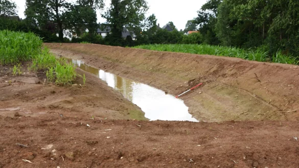 Entlang des Kl&uuml;ter Bachs hat die Stadt zum Schutz vor Hochwasser einen Wall mit Auffangmulde angelegt, der Regenwasser davon abhalten soll, ungebremst in die Ortschaft zu str&ouml;men. - &copy; Raphael Bartling