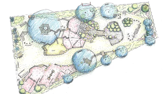 So soll der Spielplatz Auf dem Stein in Hohenhausen schon bald aussehen: In der Mittel sind zwei H&uuml;gel zu sehen, die &uuml;ber eine Br&uuml;cke verbunden sind und an denen eine Rutsche steht. Unten sind sportliche Ger&auml;te aufgebaut. Es gibt einen Sandkasten und Balancierm&ouml;glichkeiten sowie Sitzgelegenheiten. - &copy; Grafik: Ideenwerkstatt Lebens[t]raum e.V.