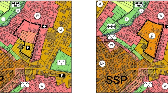 Das schwarz umrandete Gebiet ist der Bereich des Fachmarktzentrums Kampstra&szlig;e (ohne die Verbindung zum Kreisverkehr). Gelb schraffiert ist der zentrale Versorgungsbereich, der in der g&uuml;ltigen Fassung des Fl&auml;chennutzungsplanes (links) nur einen Teil des Fachmarktzentrum-Gel&auml;ndes &uuml;berdeckt. Die geplante &Auml;nderung soll das gesamte Areal einbeziehen (rechts). - &copy; Stadt Horn-Bad Meinberg