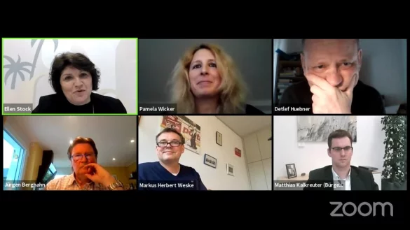 Ellen Stock (oben von links), Pamela Wicker, Detlef Huebner sowie (unten von links) J&uuml;rgen Berghahn, Markus Herbert Weske und Lages B&uuml;rgermeister Matthias Kalkreuter diskutieren digital &uuml;ber Probleme und Chancen der Vereine. - &copy; Nicole Ellerbrake
