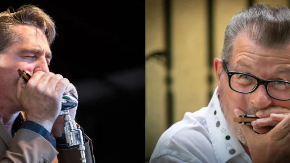 Michael Arlt (links) und Dieter Kropp laden Freunde des Blues und der Blues-Harminika zu zwei Konzerten und einem Workshop in den Hangar 21 ein. - &copy; Karo Achten / Bernhard Preu&szlig;