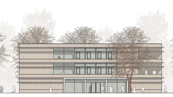 Der Neubau ist mit Holz verkleidet. Fenster ziehen sich als Oberlichtband um das Geb&auml;ude. - &copy; Bildrechte: Hatau.Winterhalter: Architekten