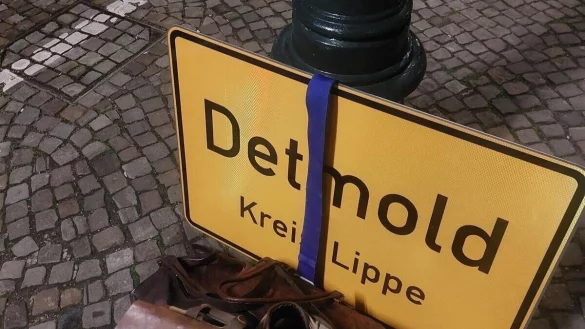 Morgens um kurz nach sechs Uhr am Bahnsteig in Detmold. Mit dem Ortsschild im Gep&auml;ch geht es quer durch NRW. - &copy; Janet K&ouml;nig