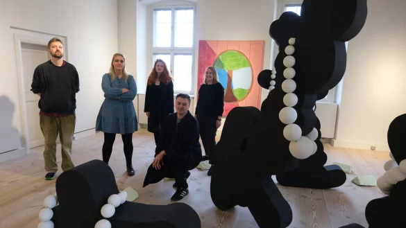 Johannes Herrmann, Lucie Gorzolka, Sophie Esslinger, Andreas Steinbrecher und Denise Werth (von links) zeigen ihre Arbeiten im Haus Eichenm&uuml;ller - sie stehen vor der raumf&uuml;llenden Arbeit "Bonfire" von Denise Werth. - &copy; Sven Koch