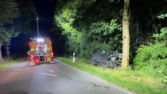 Der Mercedes ist nach dem schweren Unfall auf der Sylbacher Stra&szlig;e in Bad Salzuflen vor einem Baum zum Stehen gekommen. - &copy; Daniel Hobein/Feuerwehr Bad Salzuflen