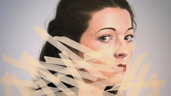 Bildebenen durchwirken sich - und alle Klebestreifen sind hier ebenso gemalt wie das Portrtait. - &copy; Sven Koch