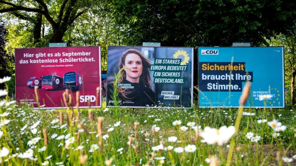 Wahlplakate von der SPD, B&uuml;ndnis90/ Die Gr&uuml;nen und der CDU: Von Donnerstag bis Sonntag w&auml;hlen die B&uuml;rgerinnen und B&uuml;rger der 27 EU-Staaten ein neues Europaparlament. Den Auftakt machen am Donnerstag die Niederlande. In Deutschland und den meisten anderen L&auml;ndern wird am Sonntag gew&auml;hlt. - &copy; Daniel Bockwoldt/dpa